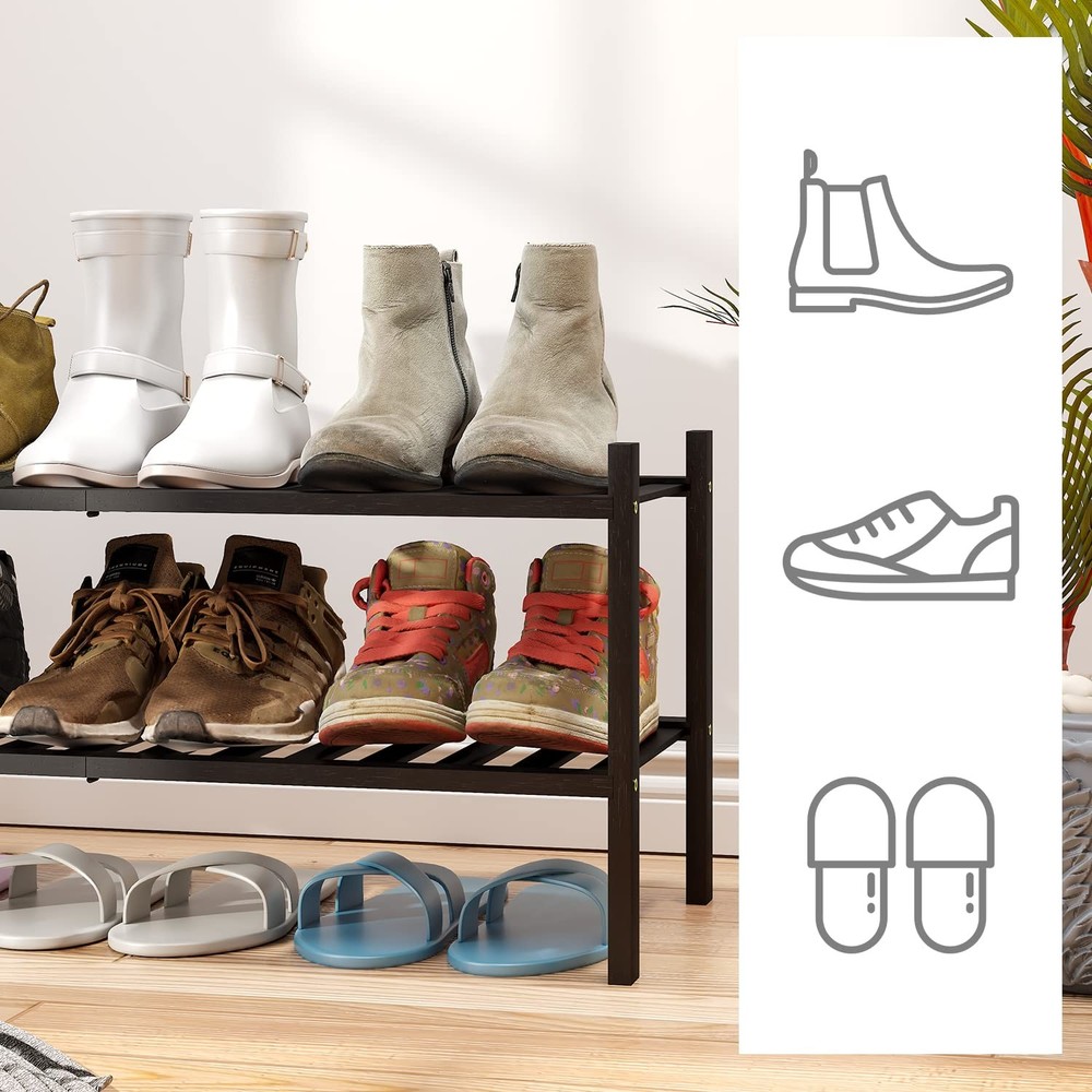 2-Tier Black Bamboo Shoe Rack for Entryway, Stackable | Foldable | Natural, ...