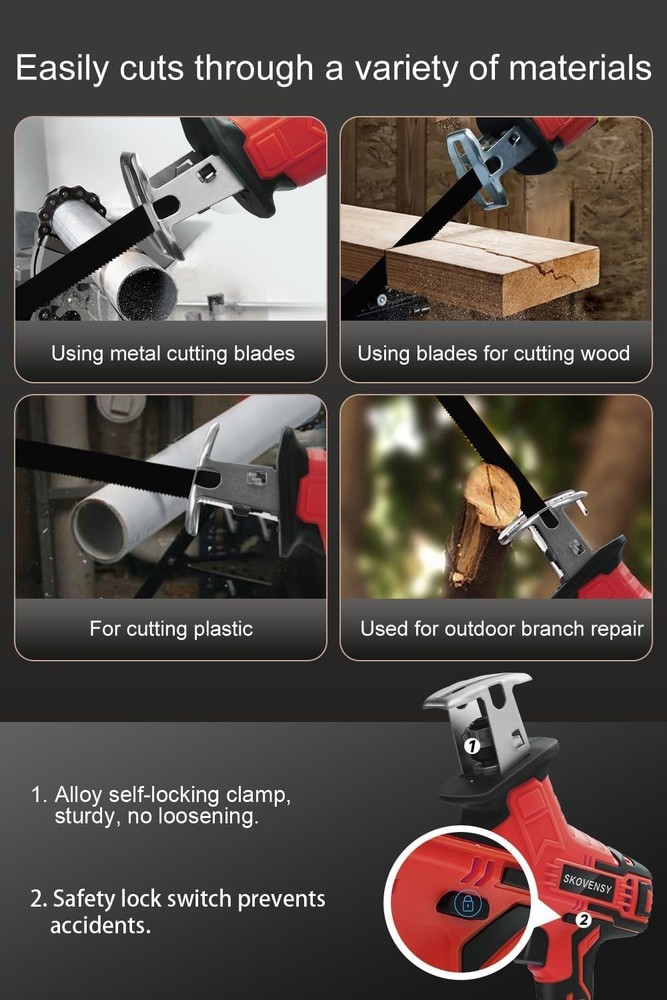 Cordless Reciprocating Saw, 2.0Ah Battery x2, Variable Speed, Red