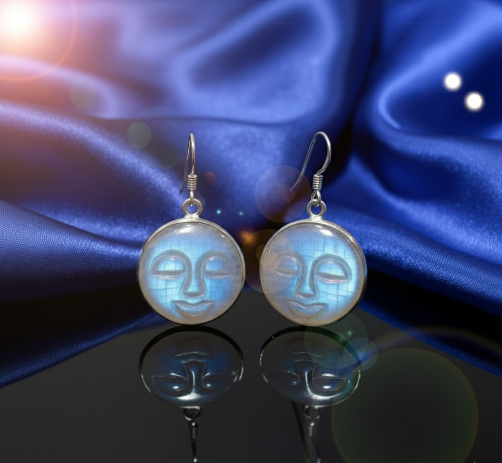 Solid 925 Sterling Silver Handcarved Rainbow Moonstone Moonface Dangle Earrings