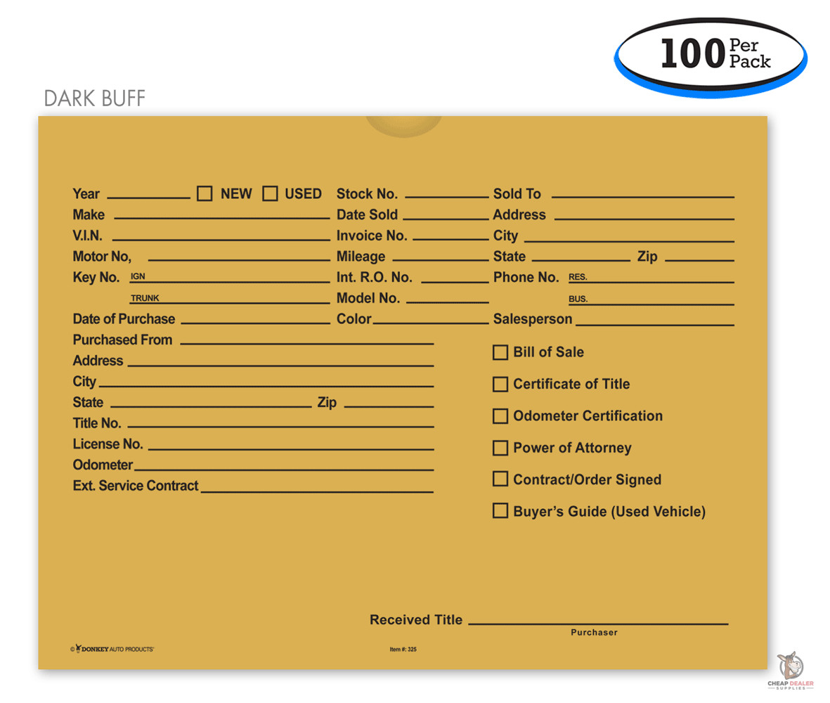 Printed 9x12 Vehicle Deal Jackets Car Dealer Envelopes (100 per pack)