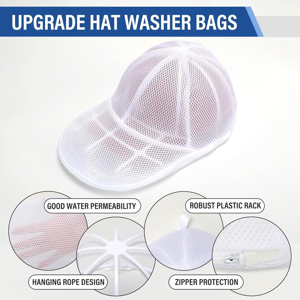2 Pack Baseball hat Washer for Washing Machine - 2 Pack Hat Rack Hooks, Mesh Bag