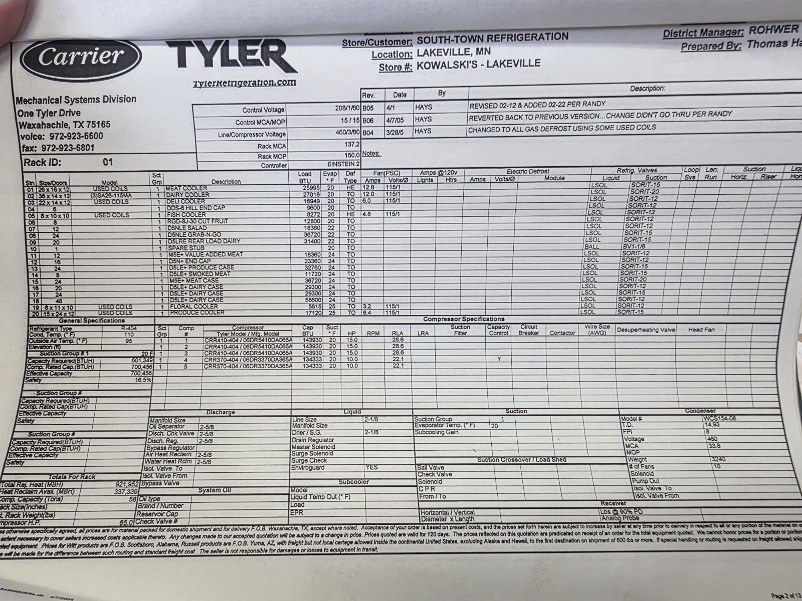 Tyler/Carrier 65 HP Refrigeration Compressor Rack Med Temp Cooler R404A R448/449