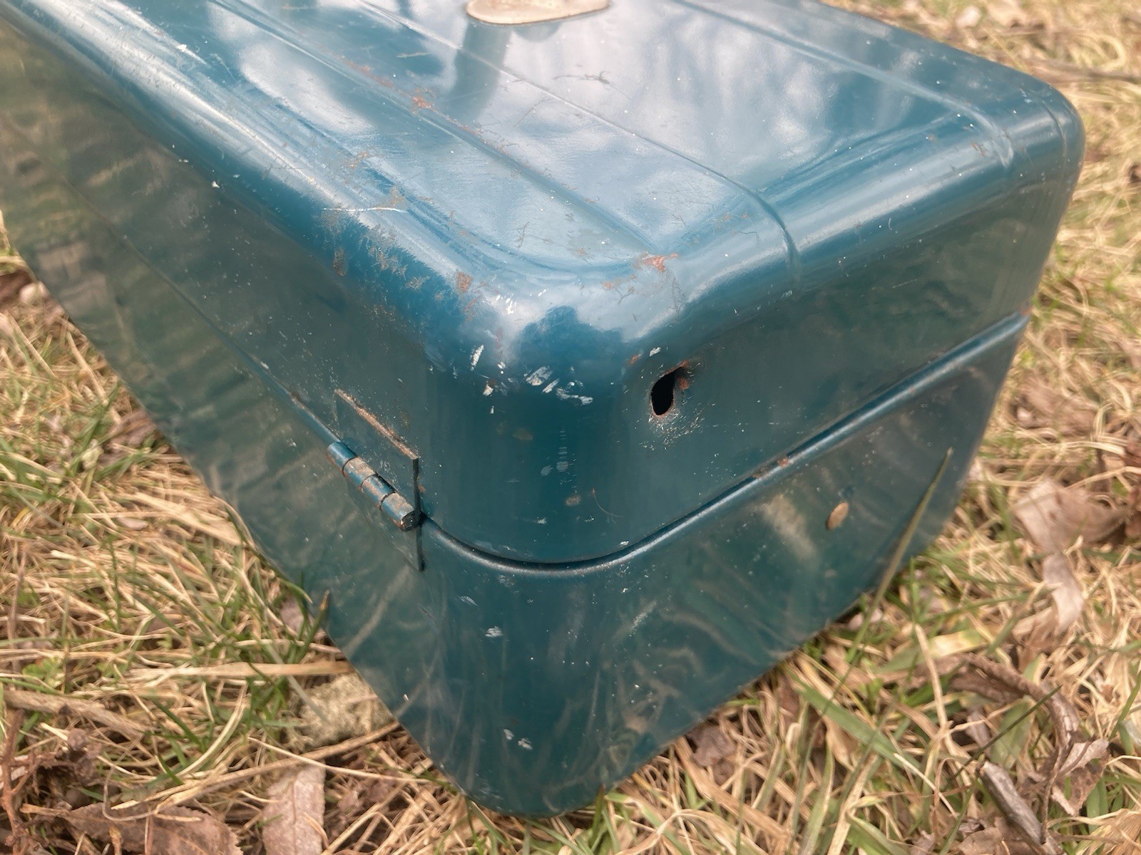 VTG 40’s-60’s Union Steel Chest 5314 Teal White Handle Empty toolbox/tacklebox
