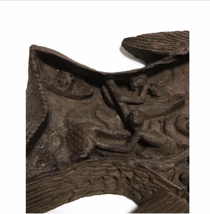 Antique African Carved Wood Fish Depicting Men Working Inside