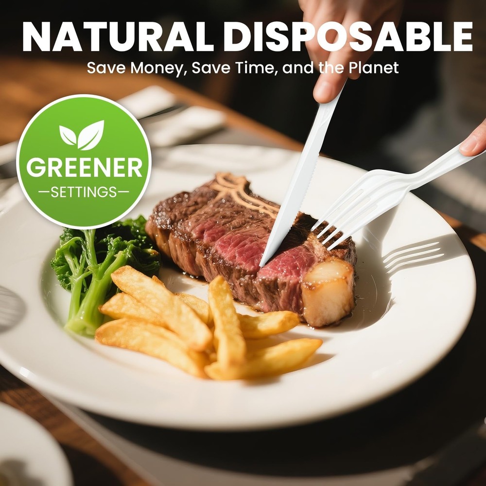 Compostable Utensils Set (300Pack), Heavy Duty & Eco-Friendly No-Plastic Spoo...