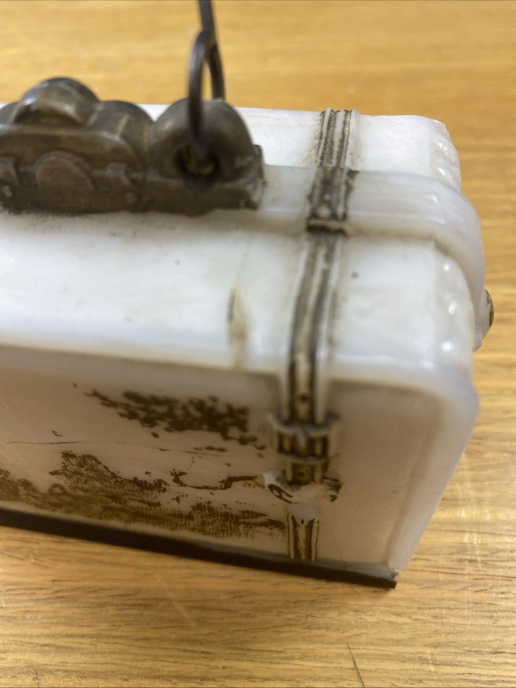 Antique Suitcase Figural Milk Glass Candy Container