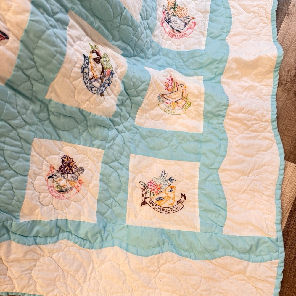 Vintage Handmade State Bird Quilt Blue White Embroidered Patchwork