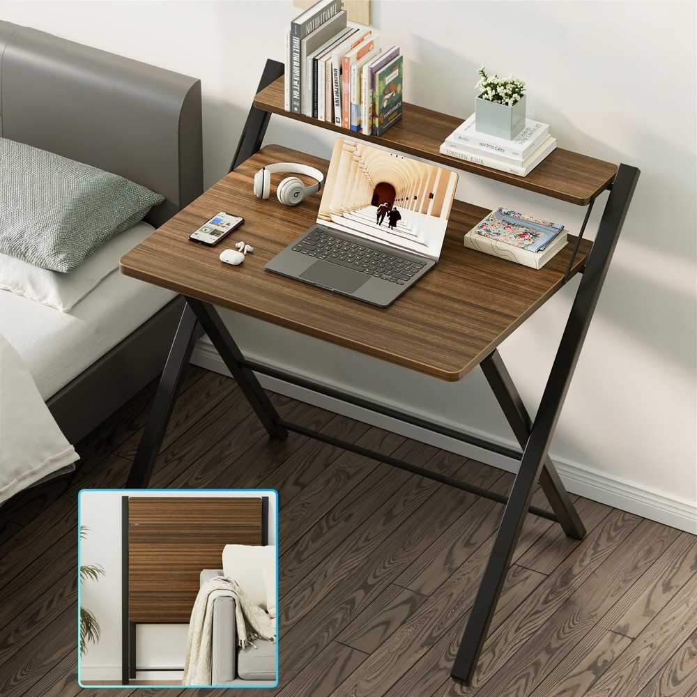 GreenForest No Assembly Folding Desk, 2-Tier Compact Computer Desk with Shelf...