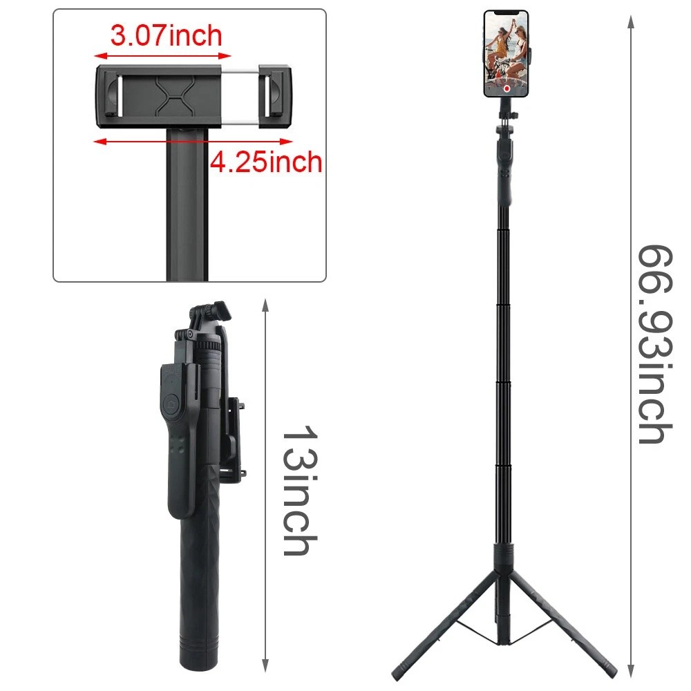 68" Professional Remote Selfie Stick With Cell Phone Holder Camera Tripod Stand