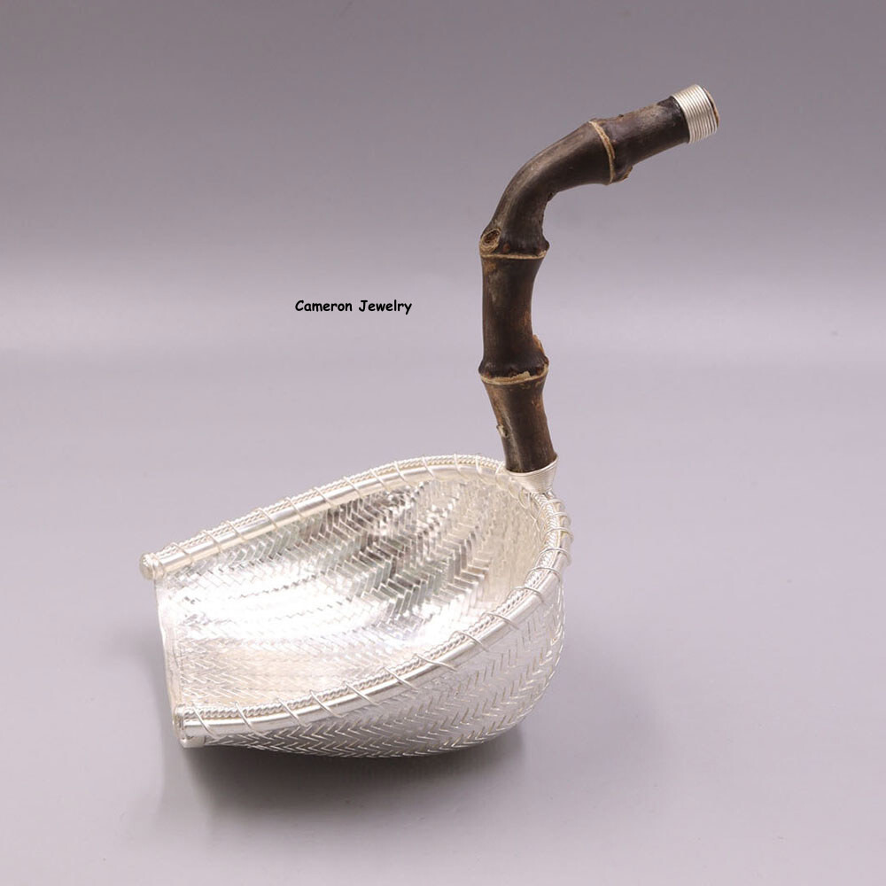 Solid S999 Fine Silver Tea Infuser Bamboo Handle Braided Tea Strainer 3.8in