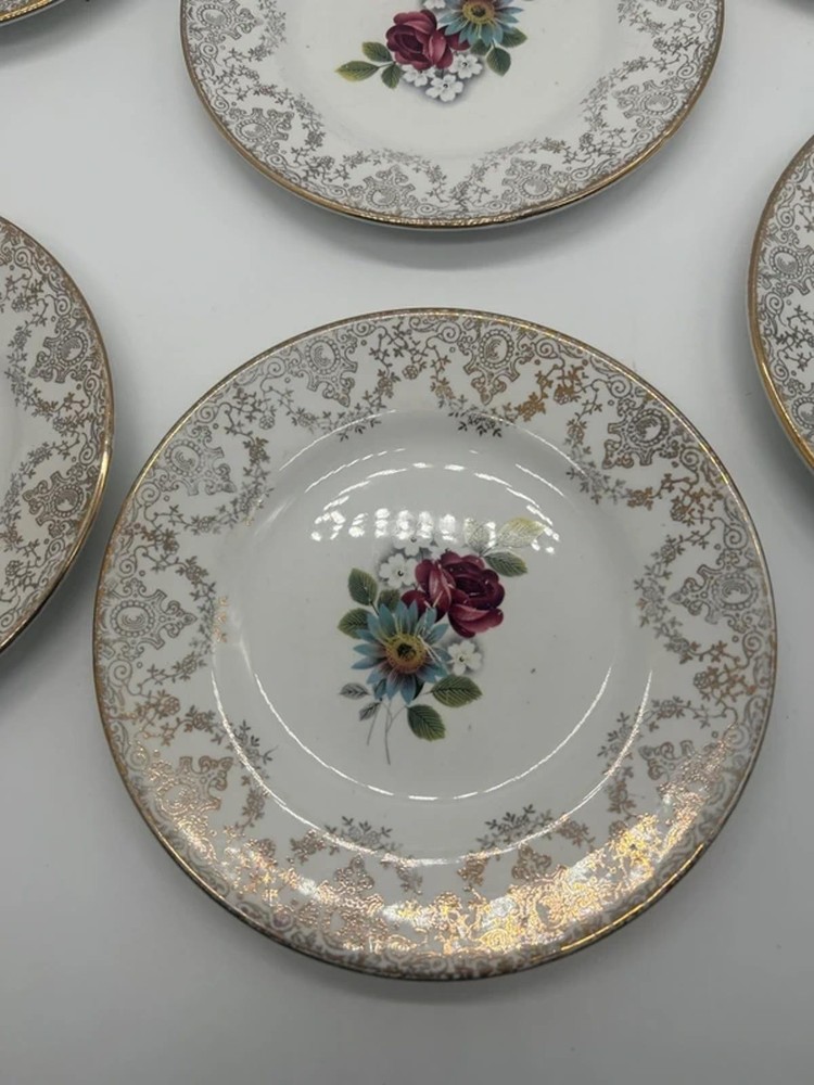 Hostess tableware plates dish x6 floral gold antique