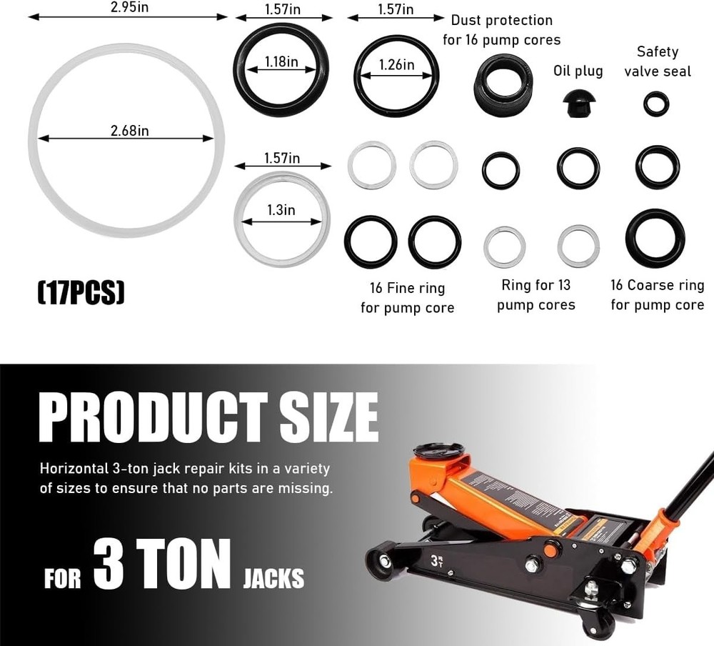17PCS Floor Jack Seal Kit, 3 Ton Horizontal Hydraulic O-Ring Black