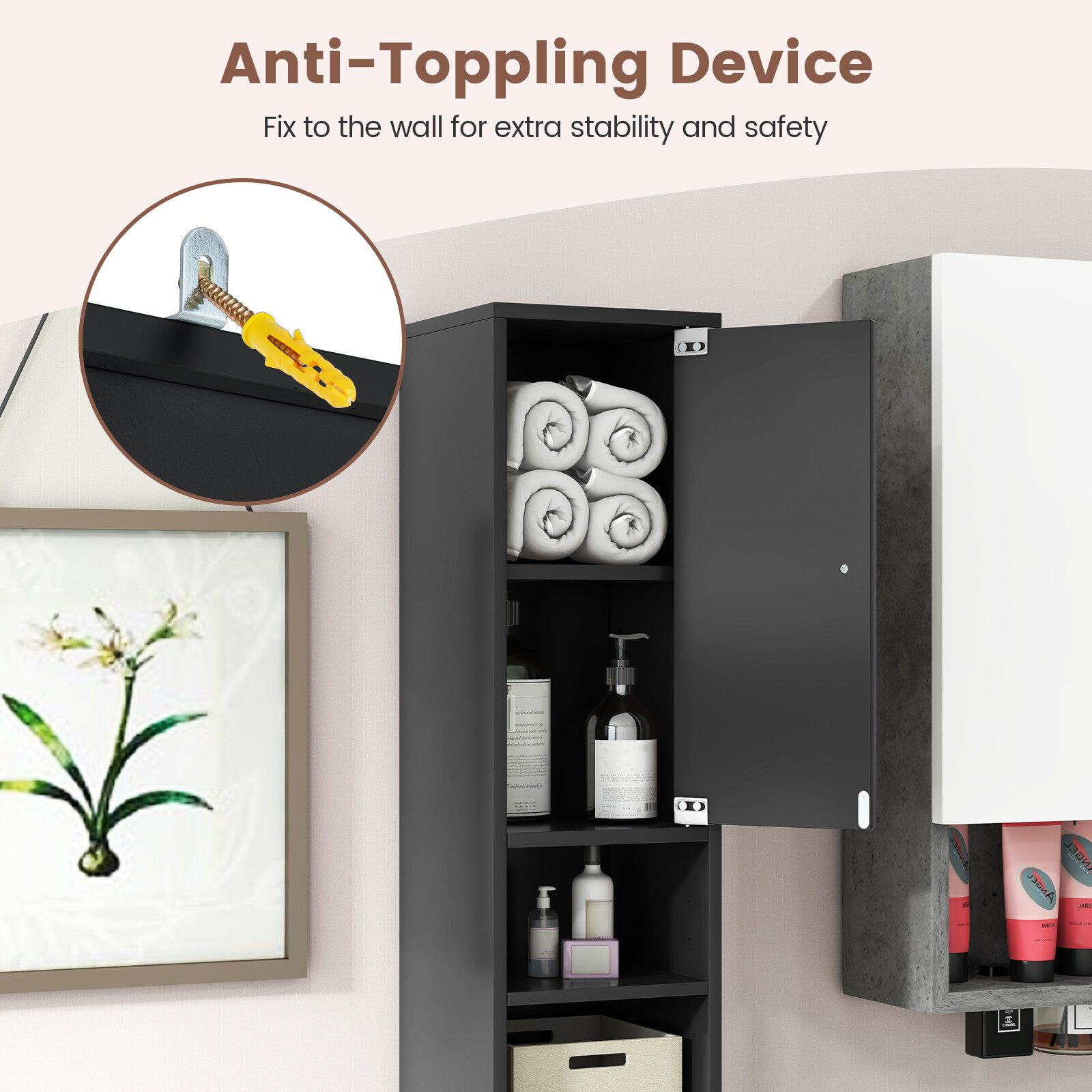 Tall Slim Bathroom Storage Cabinet Linen Tower w/ 2 Doors 1 Drawer Shelves Black