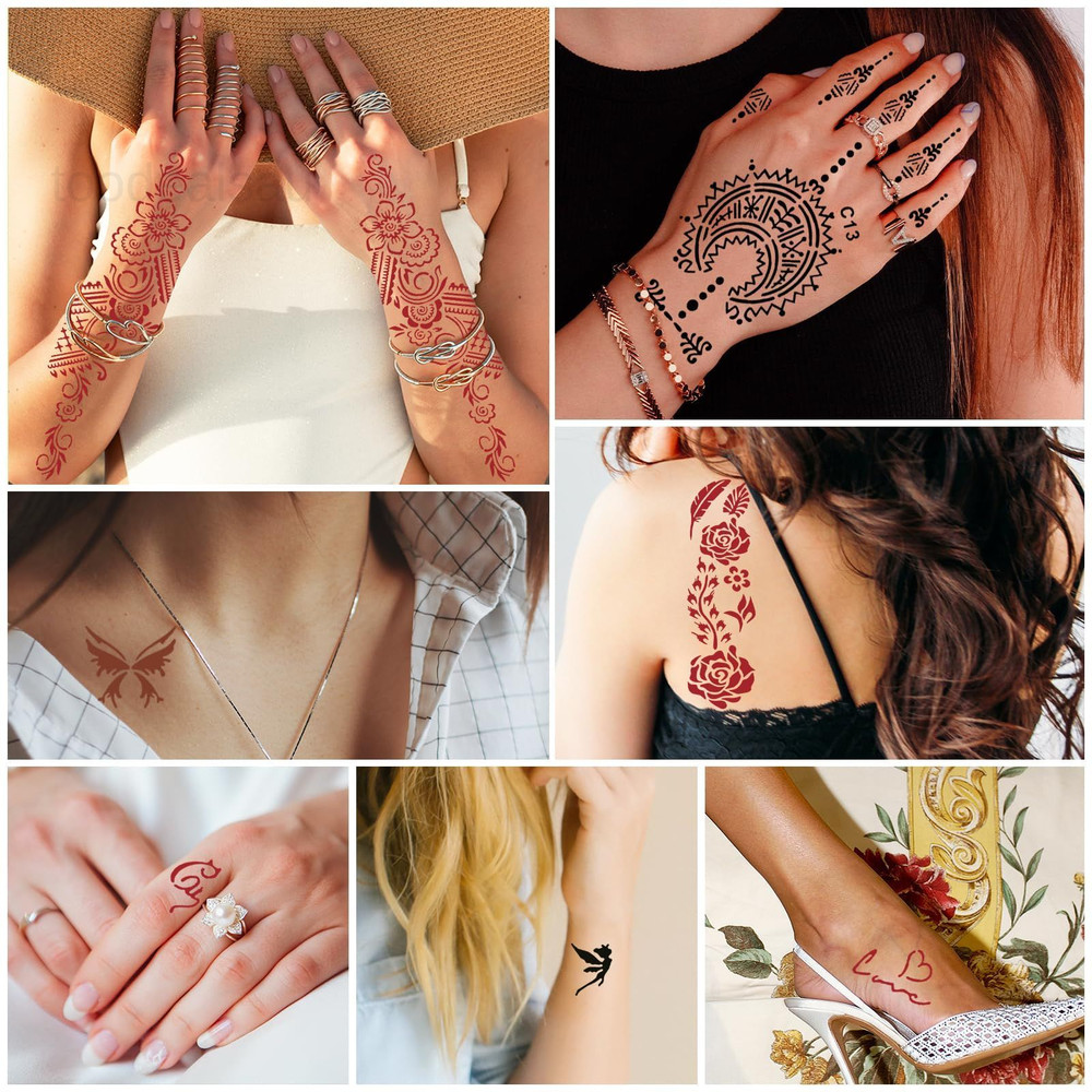 Temporary Stencils Tattoos Multiple Sizes, 4P-Red1 Black2 Maroon1