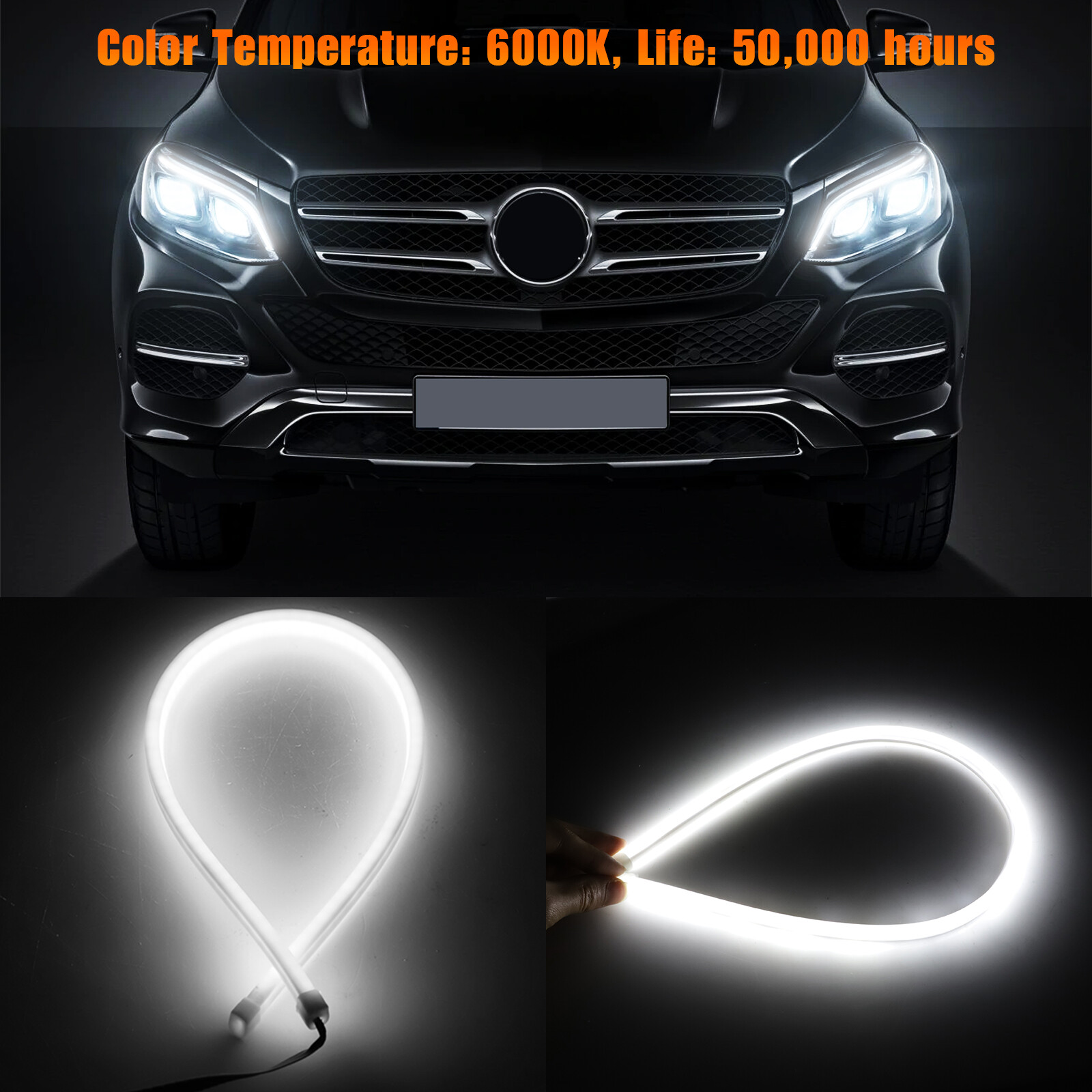 2X White 60cm Flexible Tube LED Strip Daytime Runnning DRL Light Headlight Lamp