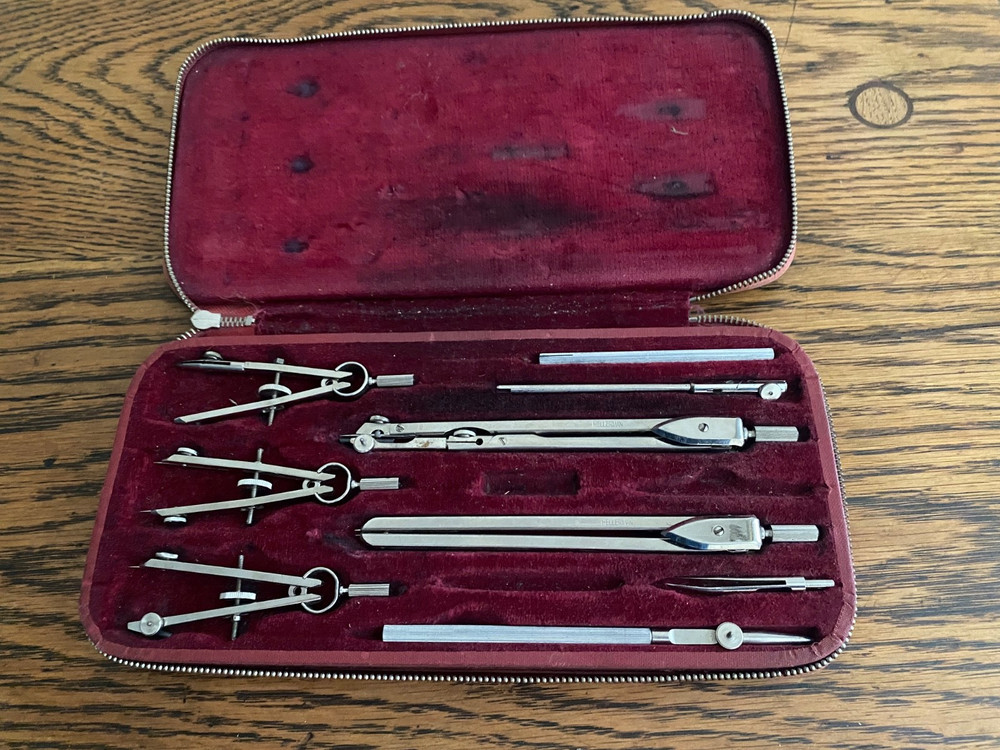 COMPREHENSIVE CASED VINTAGE TECHNICAL DRAWING DRAFTING COMPASS SET