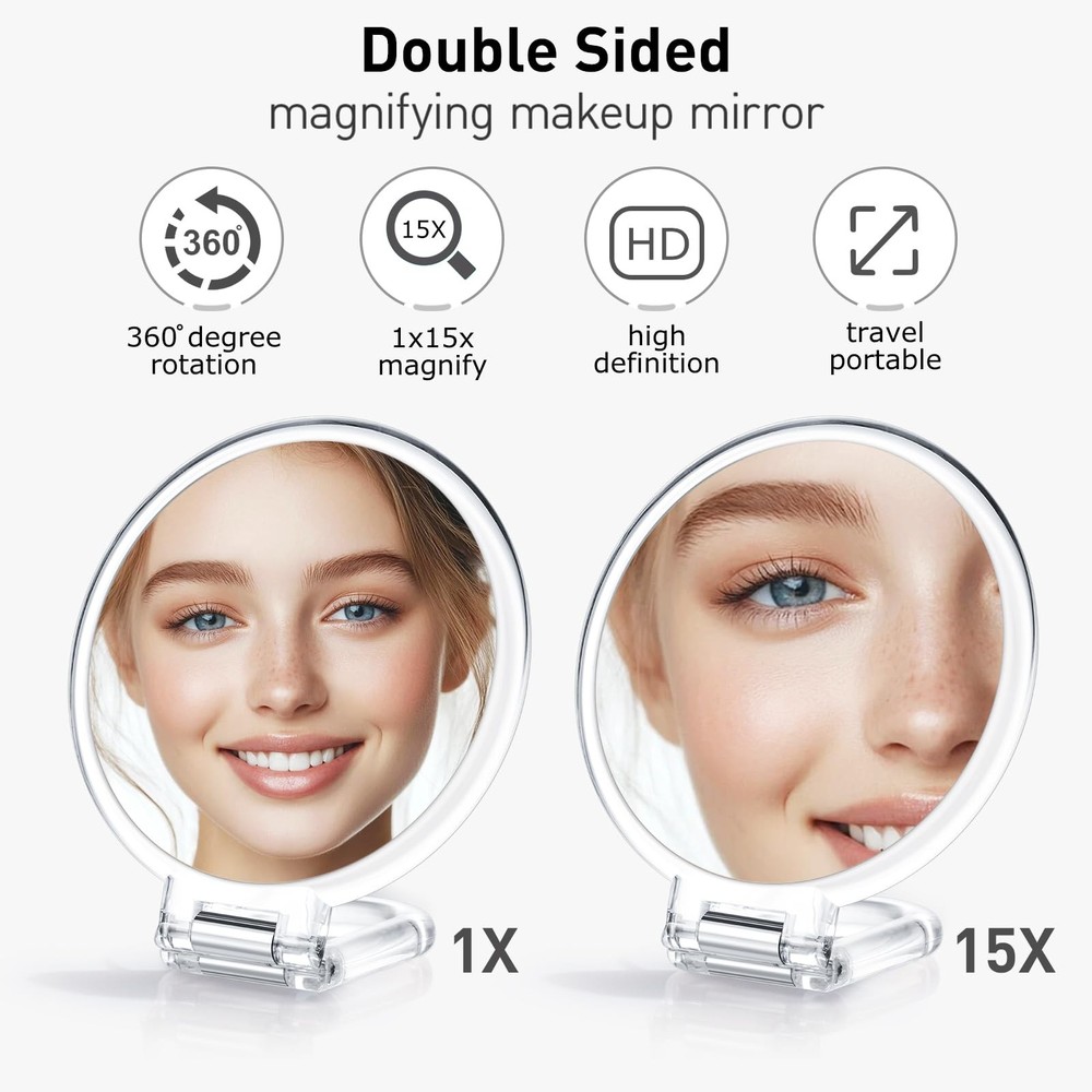 Magnifying Handheld Mirror Double Sided, 1X 15X Magnification Hand Mirror, Tr...