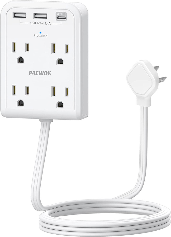 Flat Multi Plug Extender with 3 USB Wall Charger(1 Type C) 4 Outlet Wall Adapter