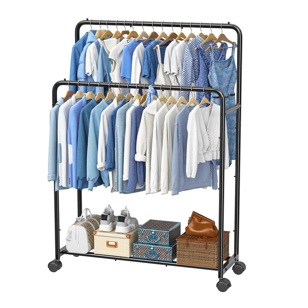 Double Rod Clothes Rack Rolling Garment Rack Black