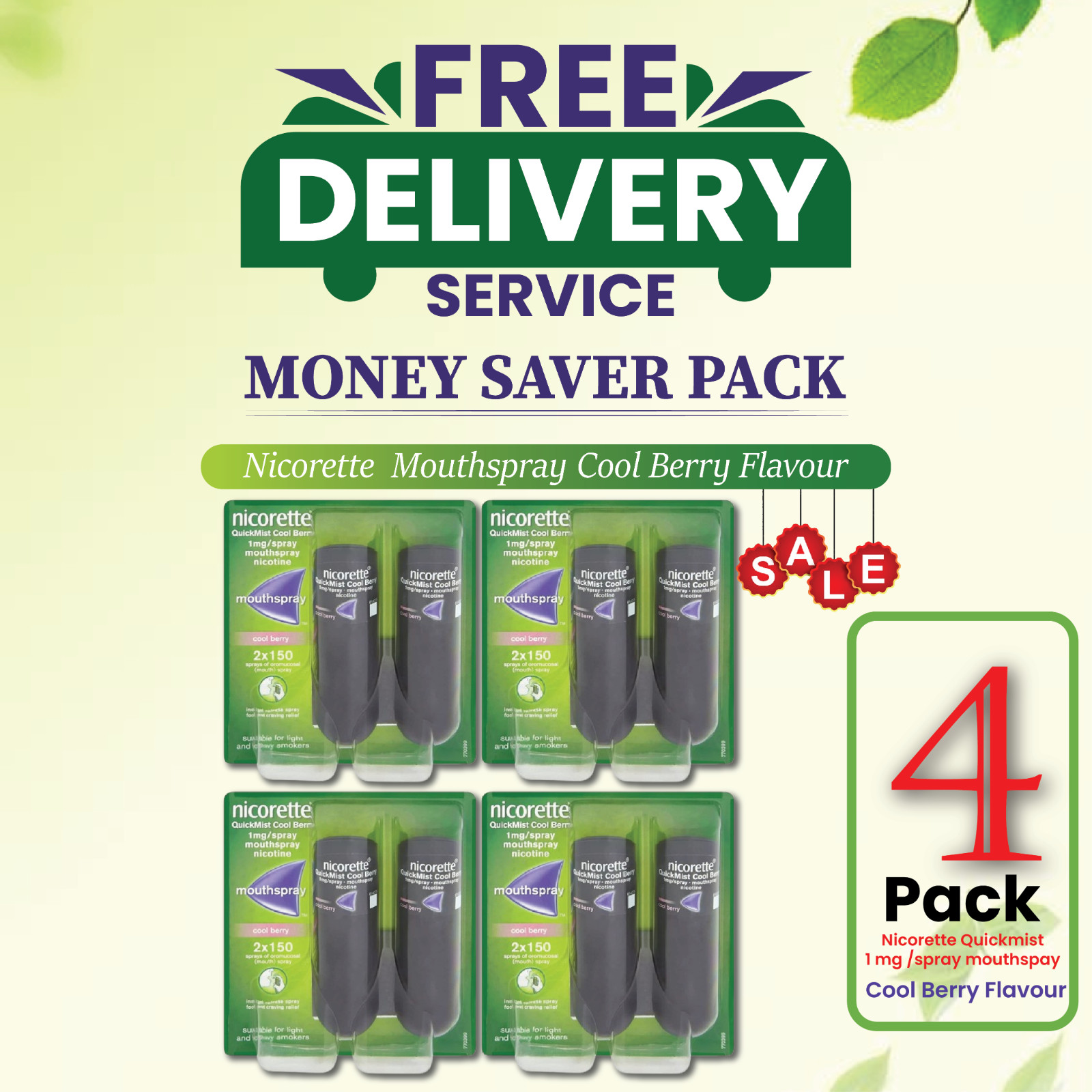 4X Nicorette Mouthspray Quickmist Berry 1mg 13.2ml X 2ct-PACK 4-FREE SHIP