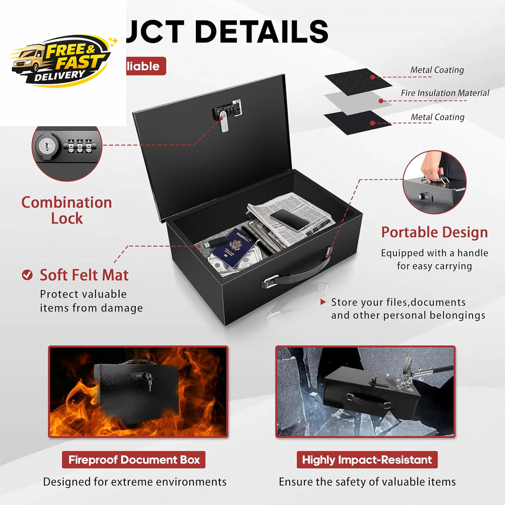 Fireproof Lock Box with Key and Combination Lock, Fire Safe Document Box,