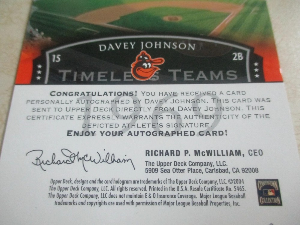 DAVE (DAVEY) JOHNSON (RIP) AUTHENTIC AUTOGRAPHED/SIGNED UPPER DECK CERT CARD