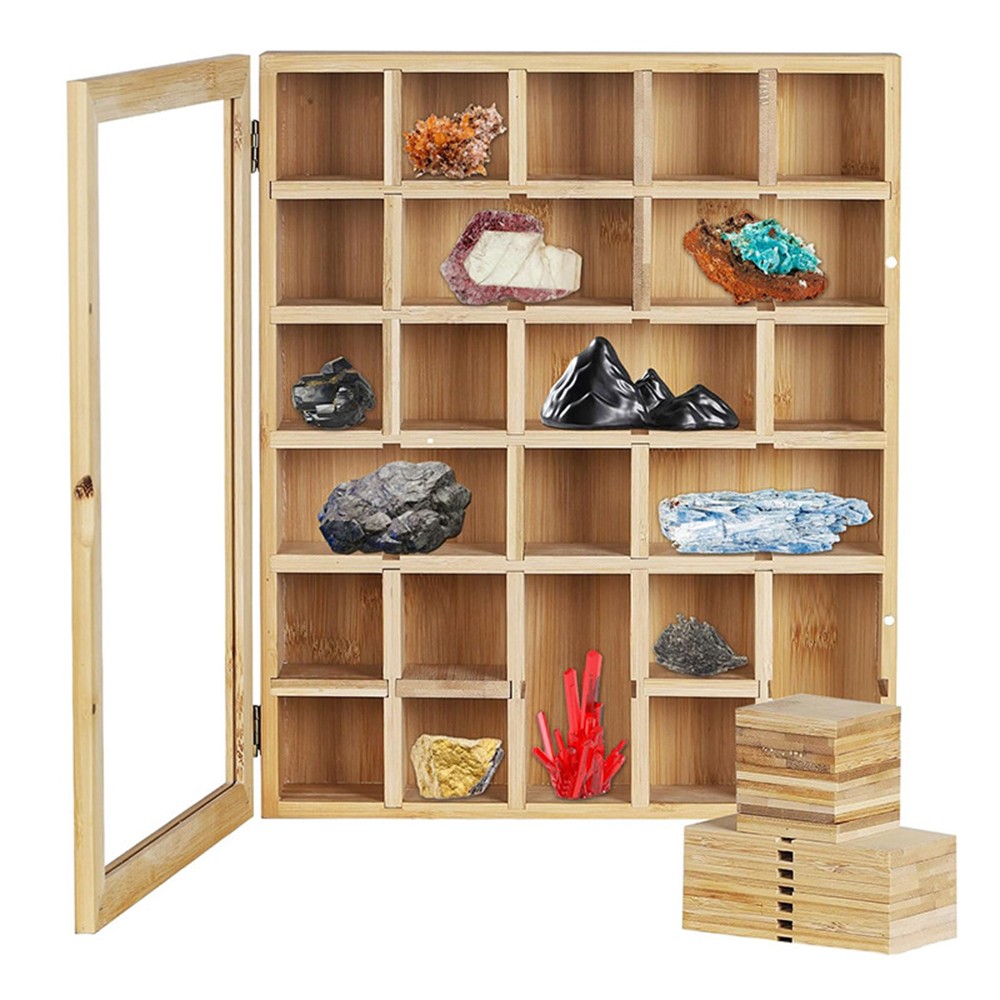 30-Grid Wooden Display Box for Crystals Rocks Minerals Collectibles Adjustable