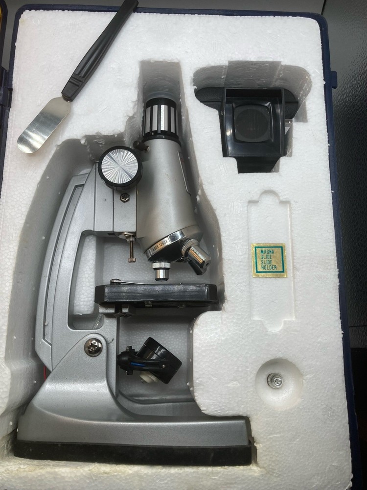 Vintage Tasco 1200X Microscope Set with Case- Tools- Samples. 0026