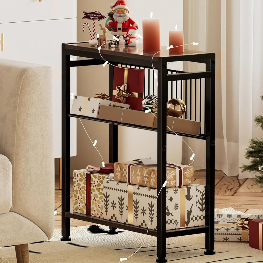 Side Table Small Space 3-Tier Narrow End Tablewith Magazine Holder,Slim