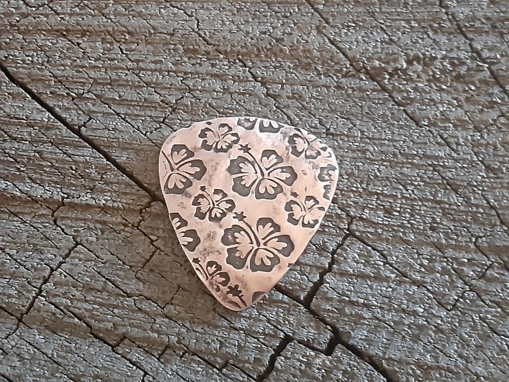 rustic copper guitar pick - playable and handmade - hibiscus