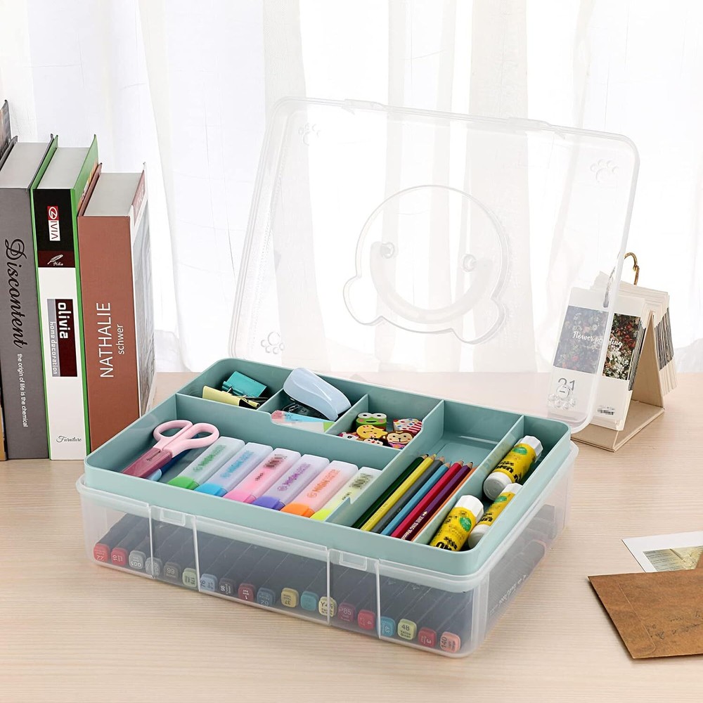 BTSKY 2-Tier Cute Bear Storage Box with Removable Divided Tray Portable Blue