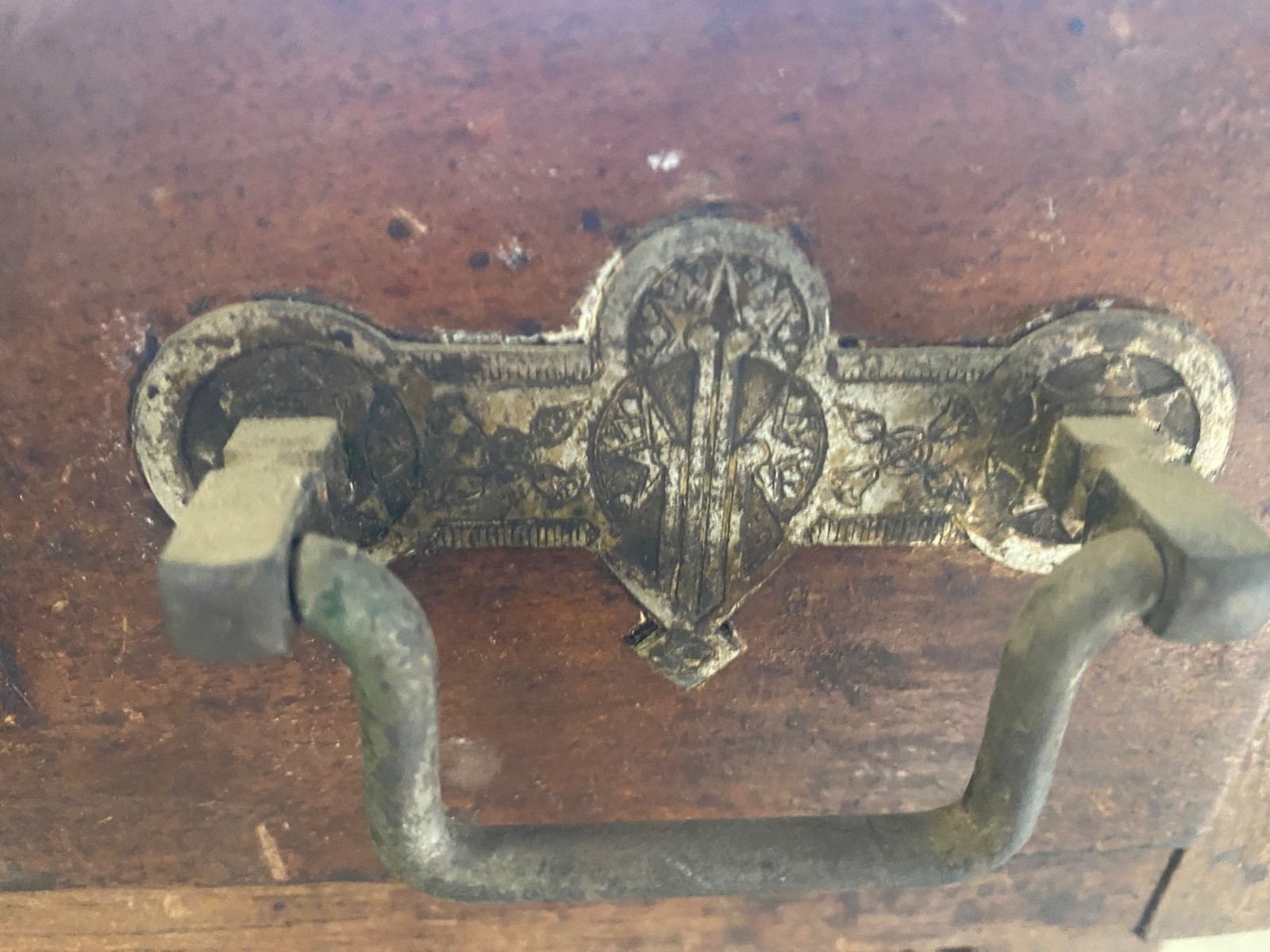 Eight- 2.5' center original brass Eastlake drawer pulls. Salvaged -not cleaned