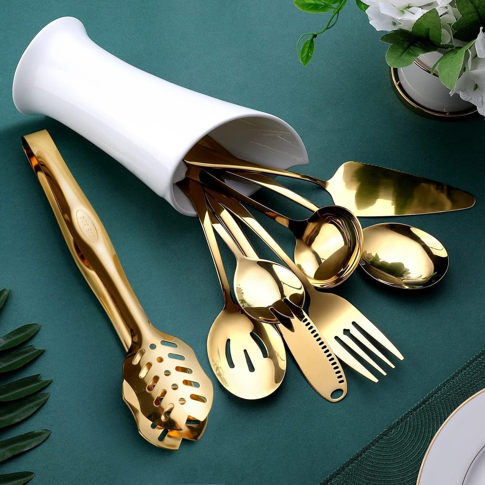Gold Serving Utensils, 8-Piece Polished Stainless Steel Flatware Silverware Set