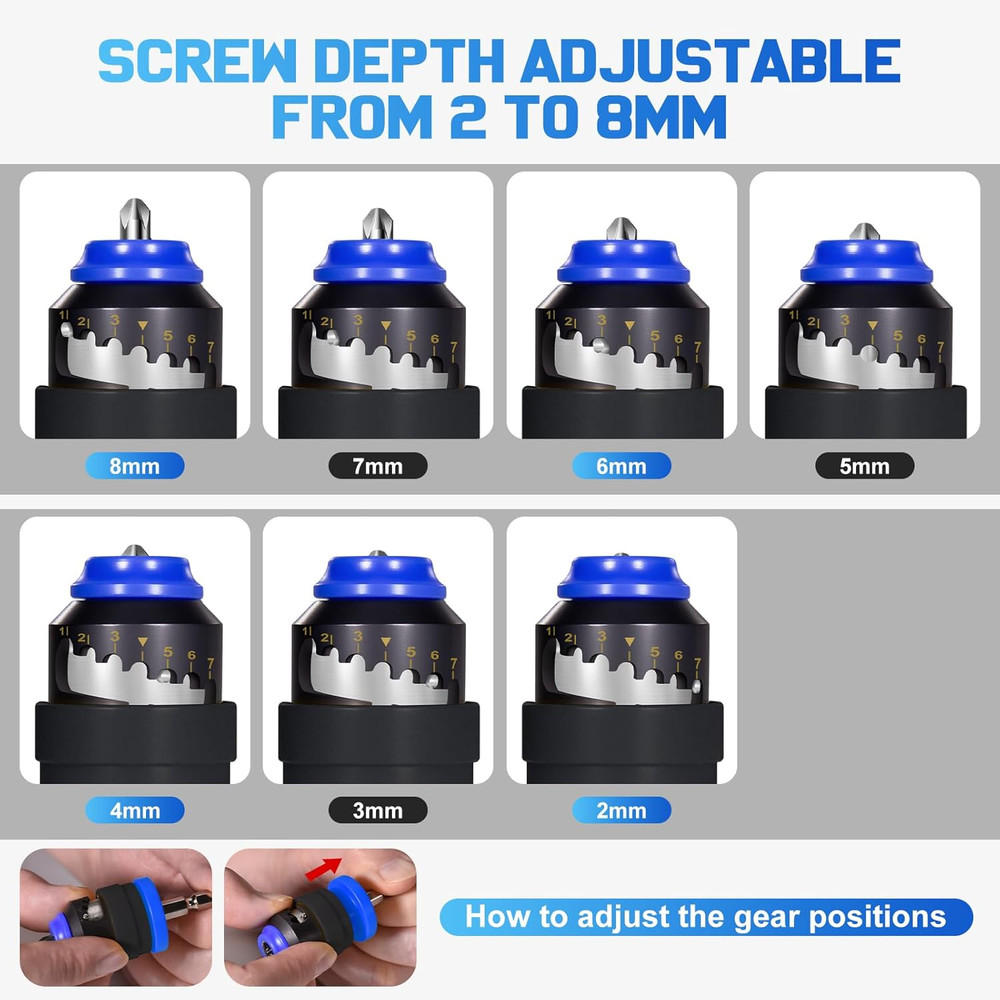 Adjustable Depth Drywall Screw Setter with Magnetic Holder and Bits