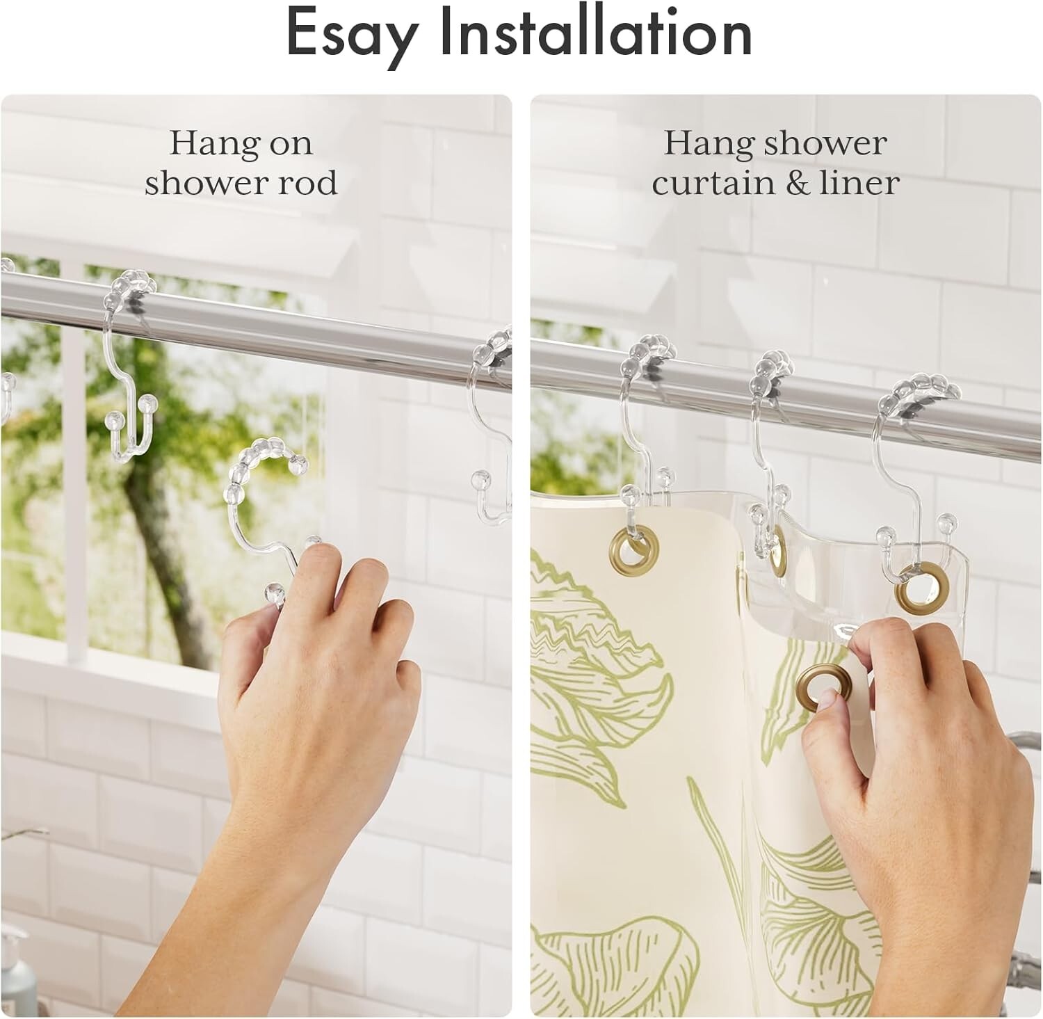 Amazer Plastic Shower Curtain Hooks Double Clear Bathroom Set of 12