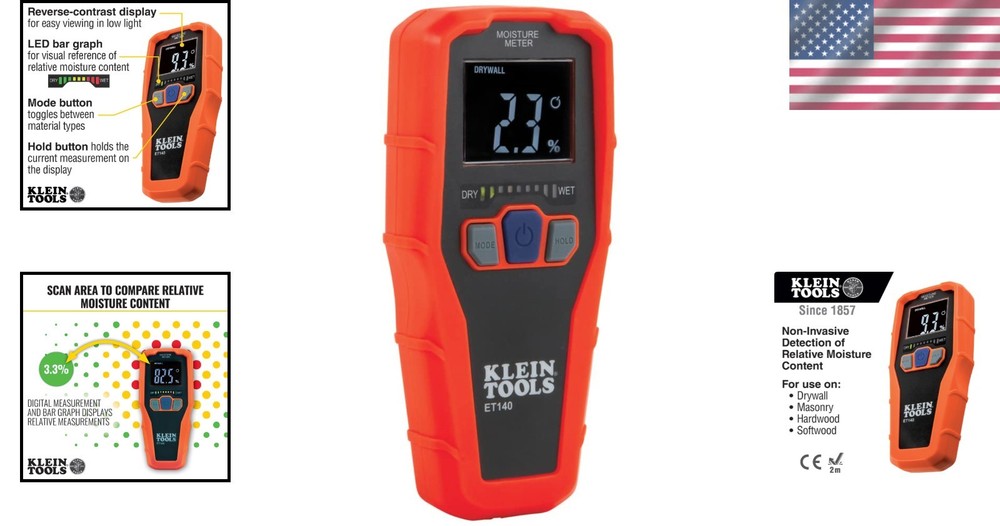 Klein ET140 Pinless Moisture Detector with LED Indicator for Easy Readings