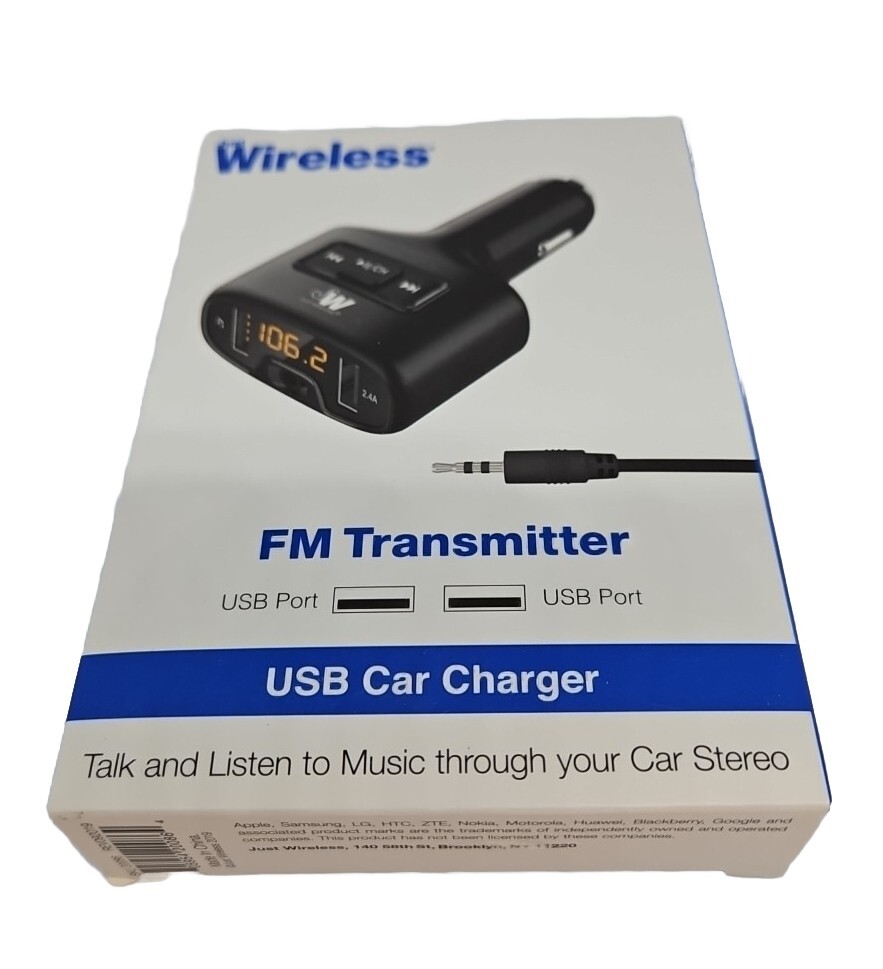 Just Wireless FM Transmitter (3.5mm) with 2.4A/12W 2-Port USB Car Charger -Black