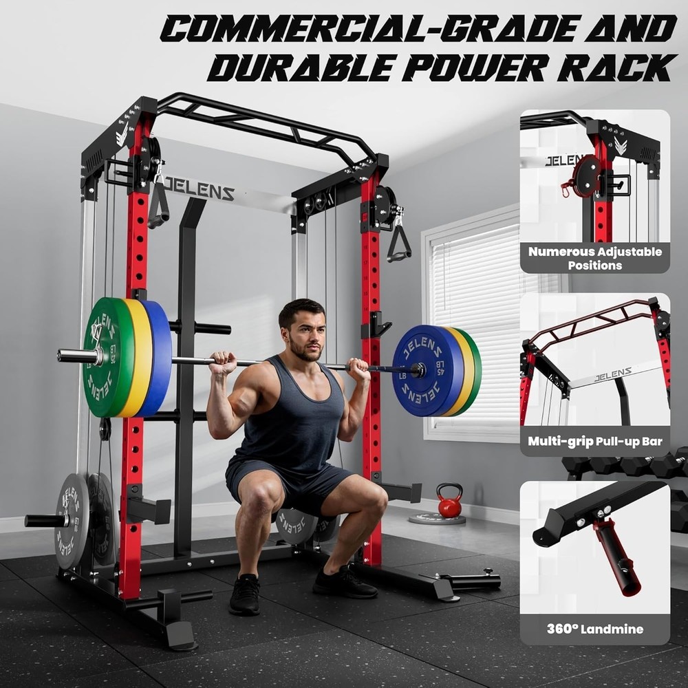 Power Rack Cage, Weight Rack with Dual Pulley Cable Crossover Machine,Multi-Func