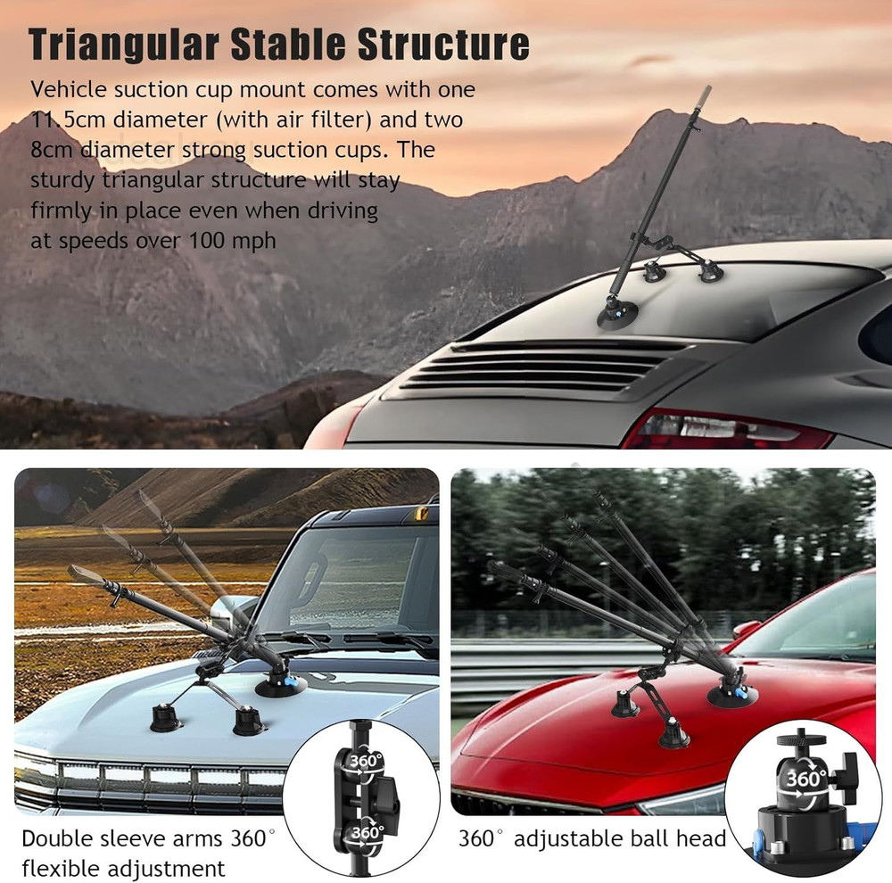 Triple Strong Suction Cup Camera Car Mount for Insta360, with 2in1 Black
