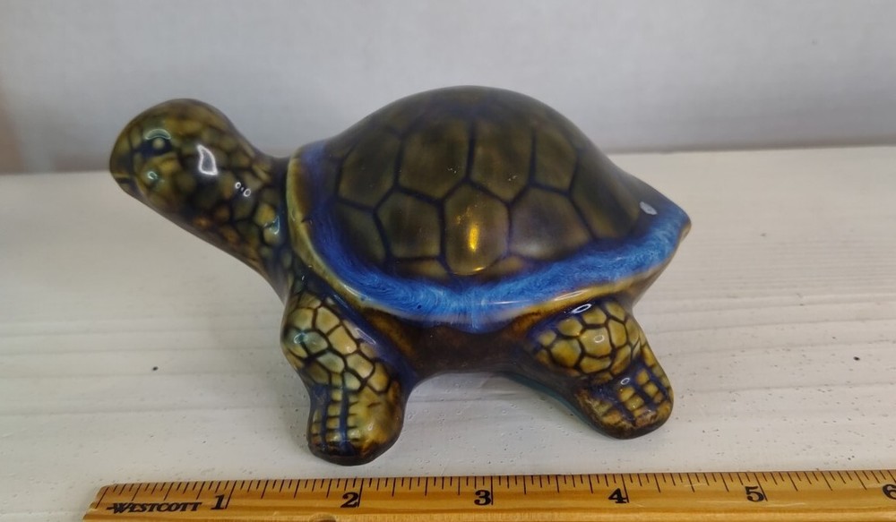Ceramic Turtle Tortoise Green Blue Edge Shell Condition Issue Glaze Spot