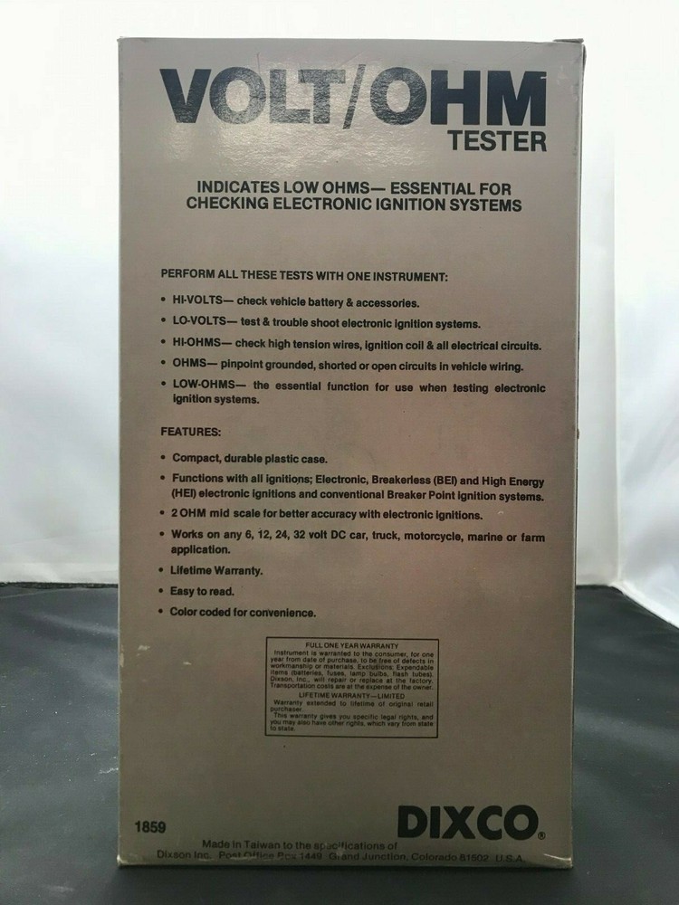 Ignittion & Battery Test 5 Function High-Low OHM VOLT Tester Dixco #1859 6-32v