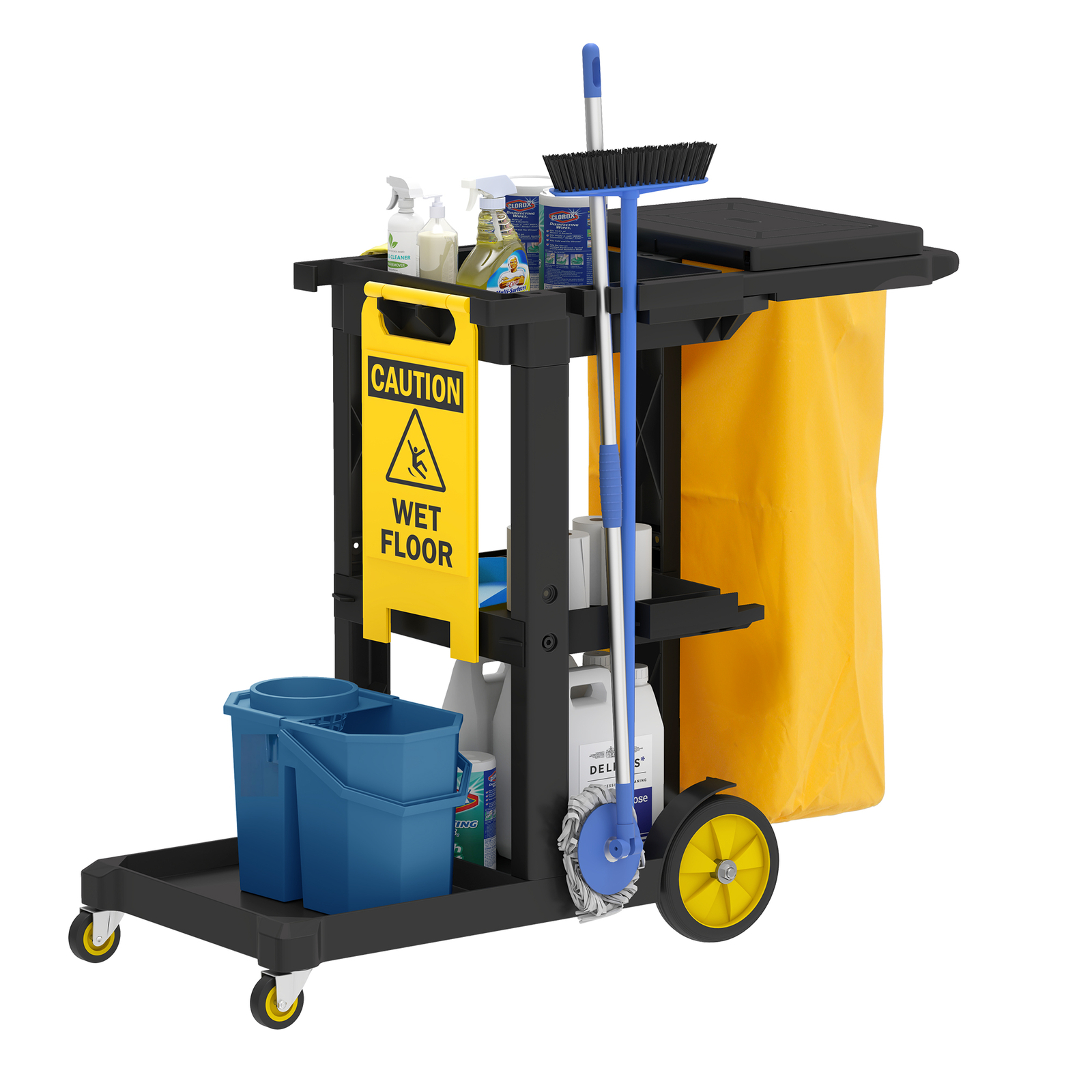 Industrial Janitorial Utility Cart 3 Shelf Rolling Cleaning Cart with Trash Bags