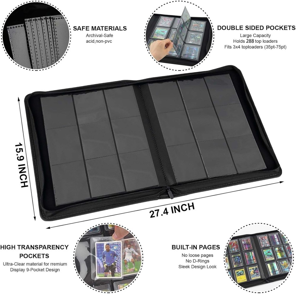 9 Pocket Toploader Binder Holds 288 3x4 Rigid Trading Card Holder Storage Gray