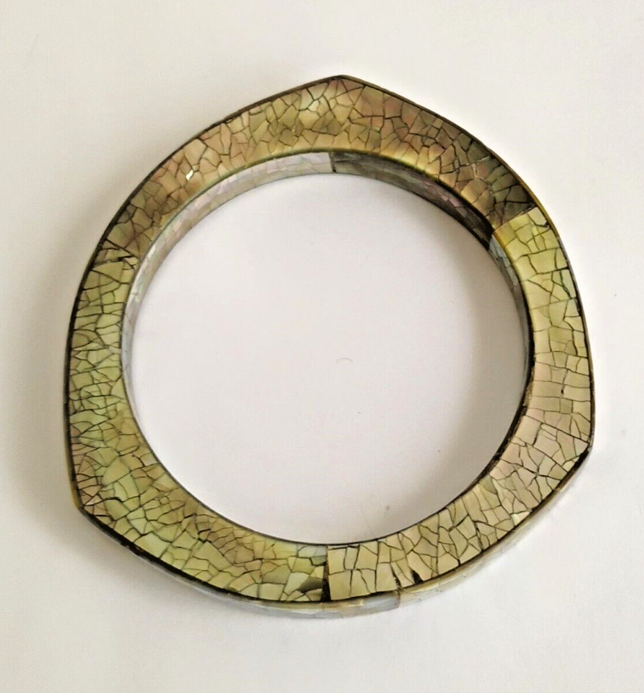 Vintage Modernist Crackle Abalone Shell Triangular Bangle Bracelet