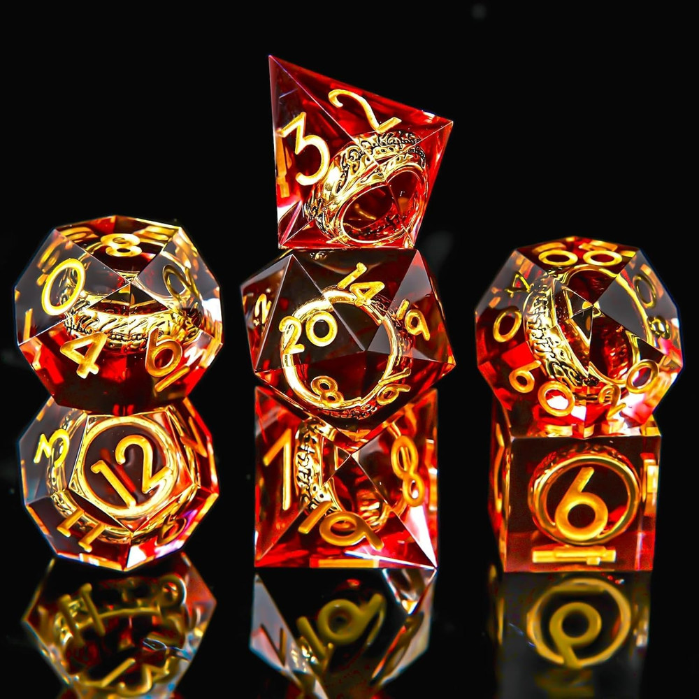 Sharp Edge Resin RPG Dice Set – Red Polyhedral Dice with Ring Inclusion