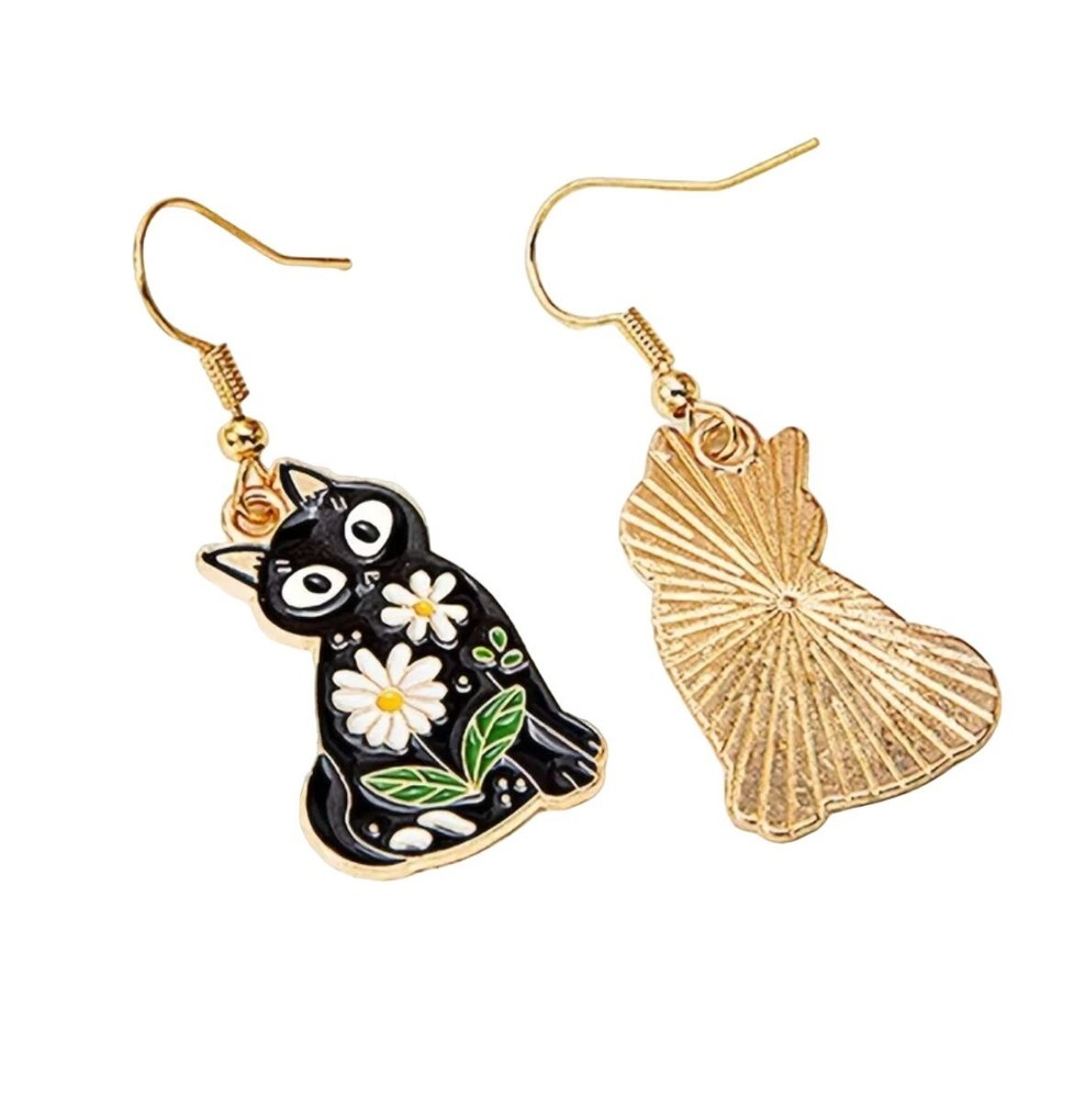 Enamel Black Cat Earrings Gold Tone