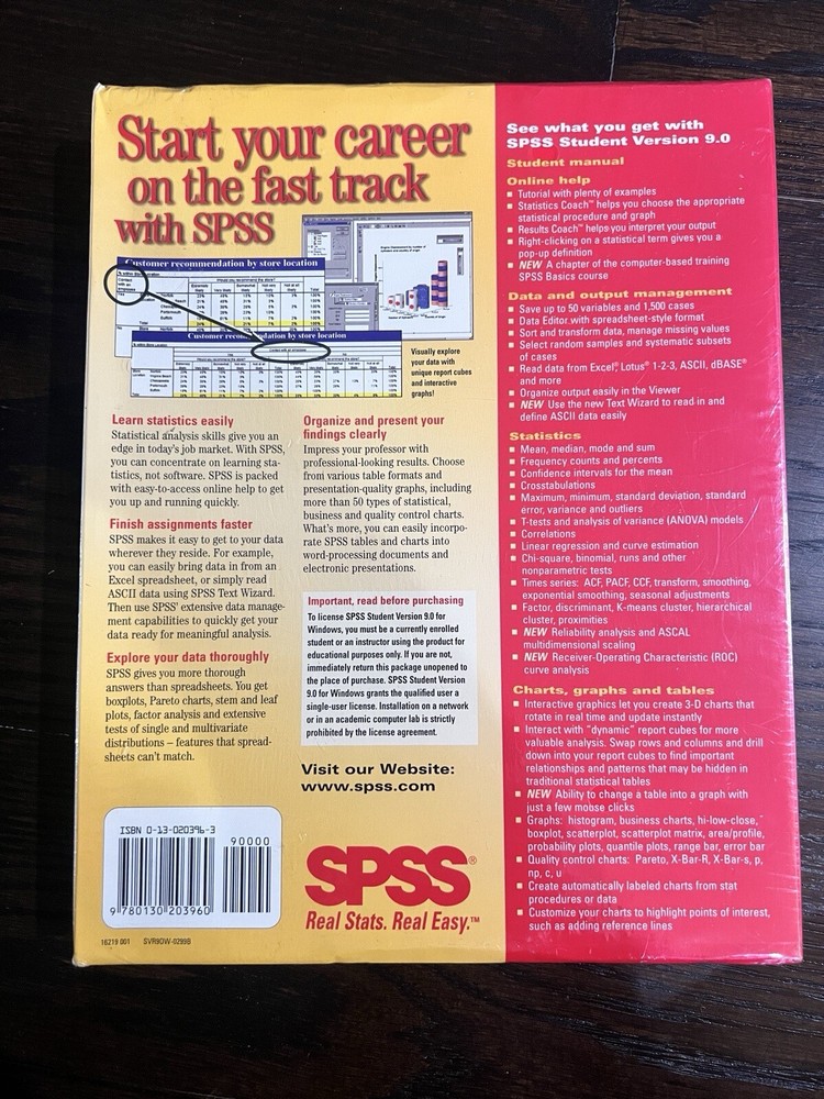 SPSS Student Version 9.0 Software for Windows WIN 95/98 & WIN NT Version 4.0 NEW