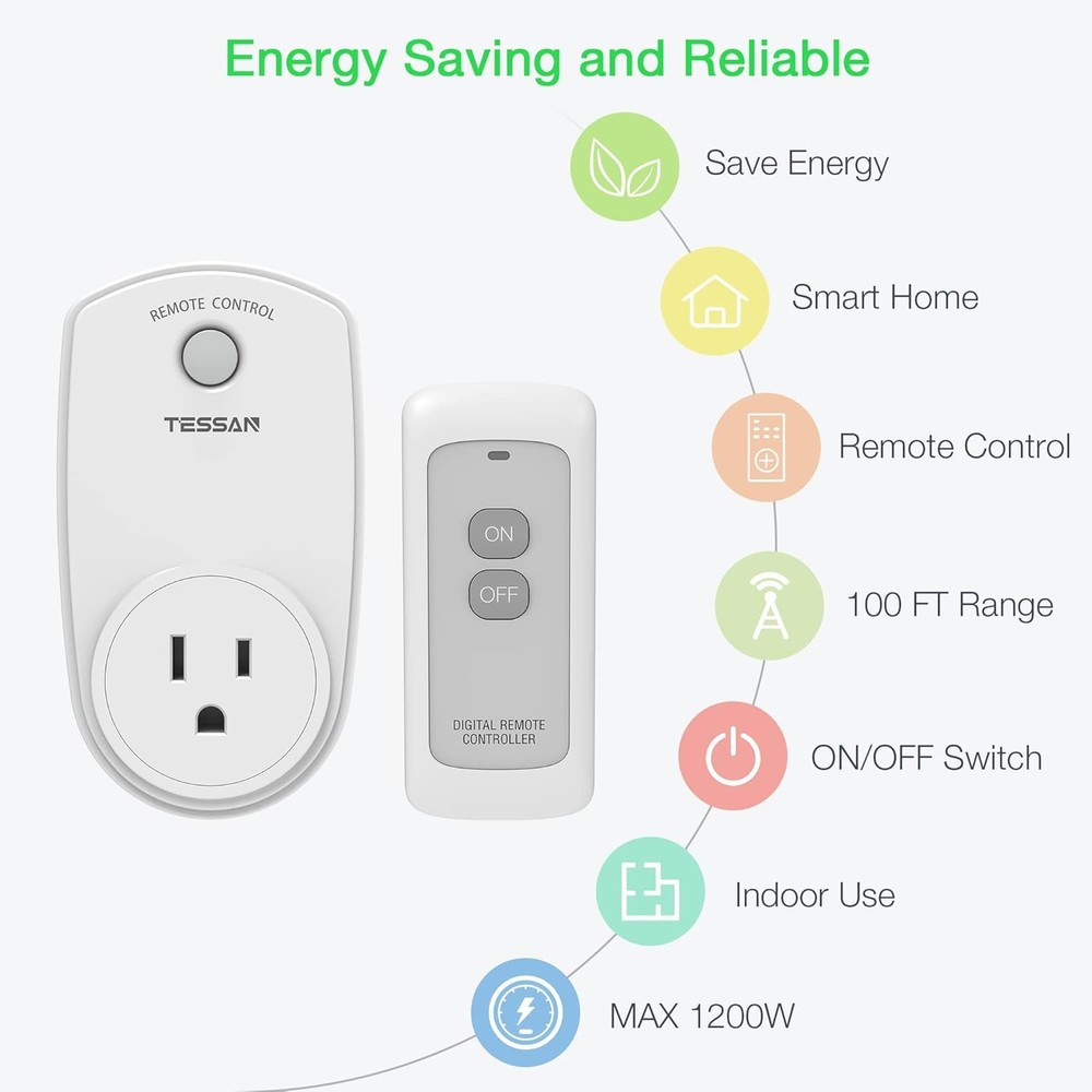 1 Remote Control Outlet, Wireless Plug Switch for Lights, 1200W, 100ft RF Range