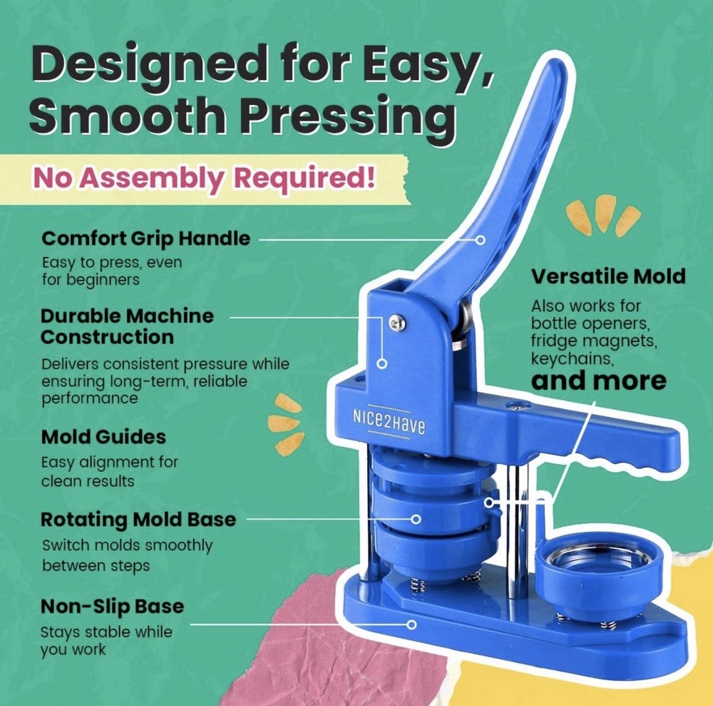 Button Maker Machine – 2.25 Inch (58mm) – Single Mold, Pin Maker Machine Kit wit