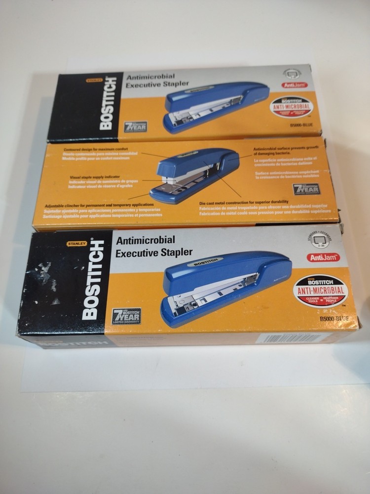3 Bostitch Antimicrobial Executive Staplers B5000-Blue